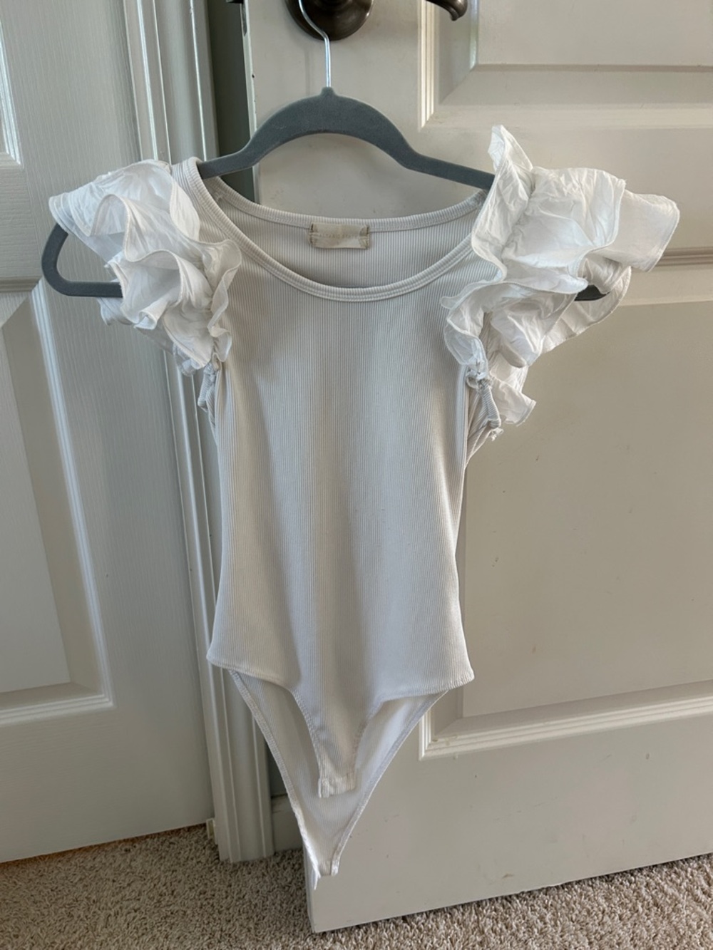 Altar'd State White Ruffle Sleeve Ribbed Bodysuit